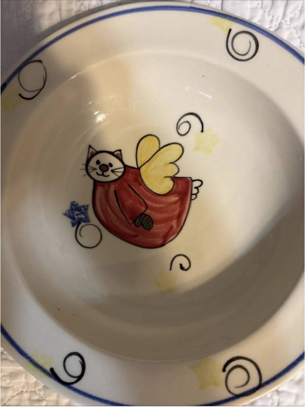 Vintage Emerson Creek Pottery Whimsical Angel Cat Bowl 1990s. (1098)